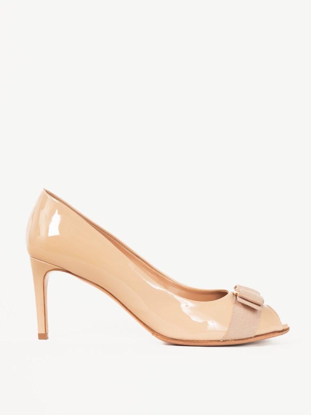 Salvatore Ferragamo Pola New Bisque Patent Calf Vara-Bow Peep-Toe Pumps